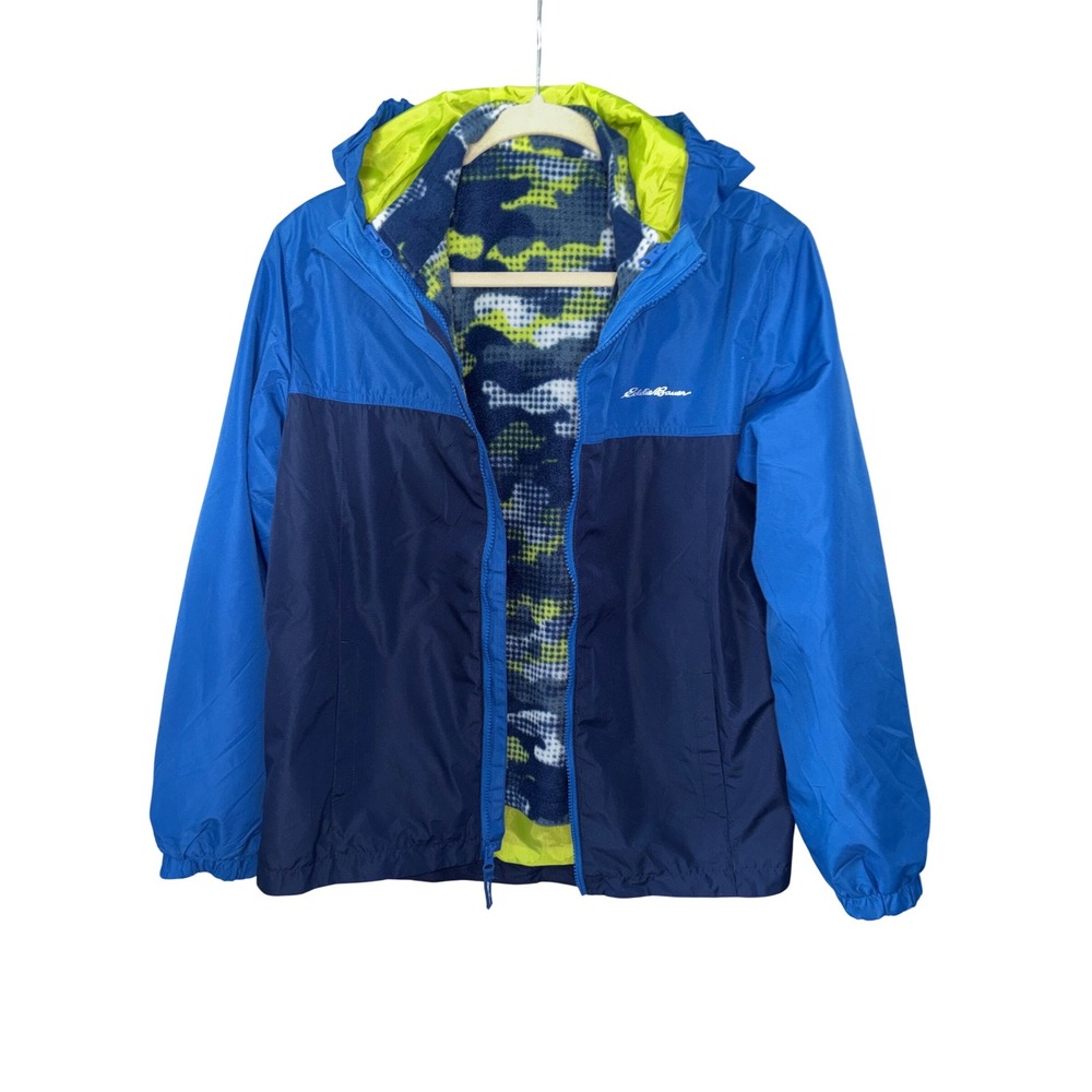 Eddie Bauer Boys Blue Fleece Lined Hooded Windbreaker Jacket Kids L 14/16